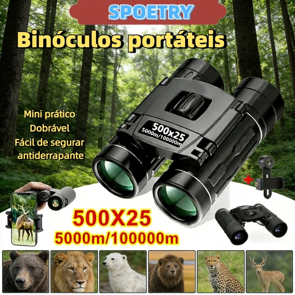 Binóculos Portáteis Com Zoom HD 500X25 Telescópio Poderoso Dobrável Com Visão De Longa Distância Para Caça Ao Ar Livre