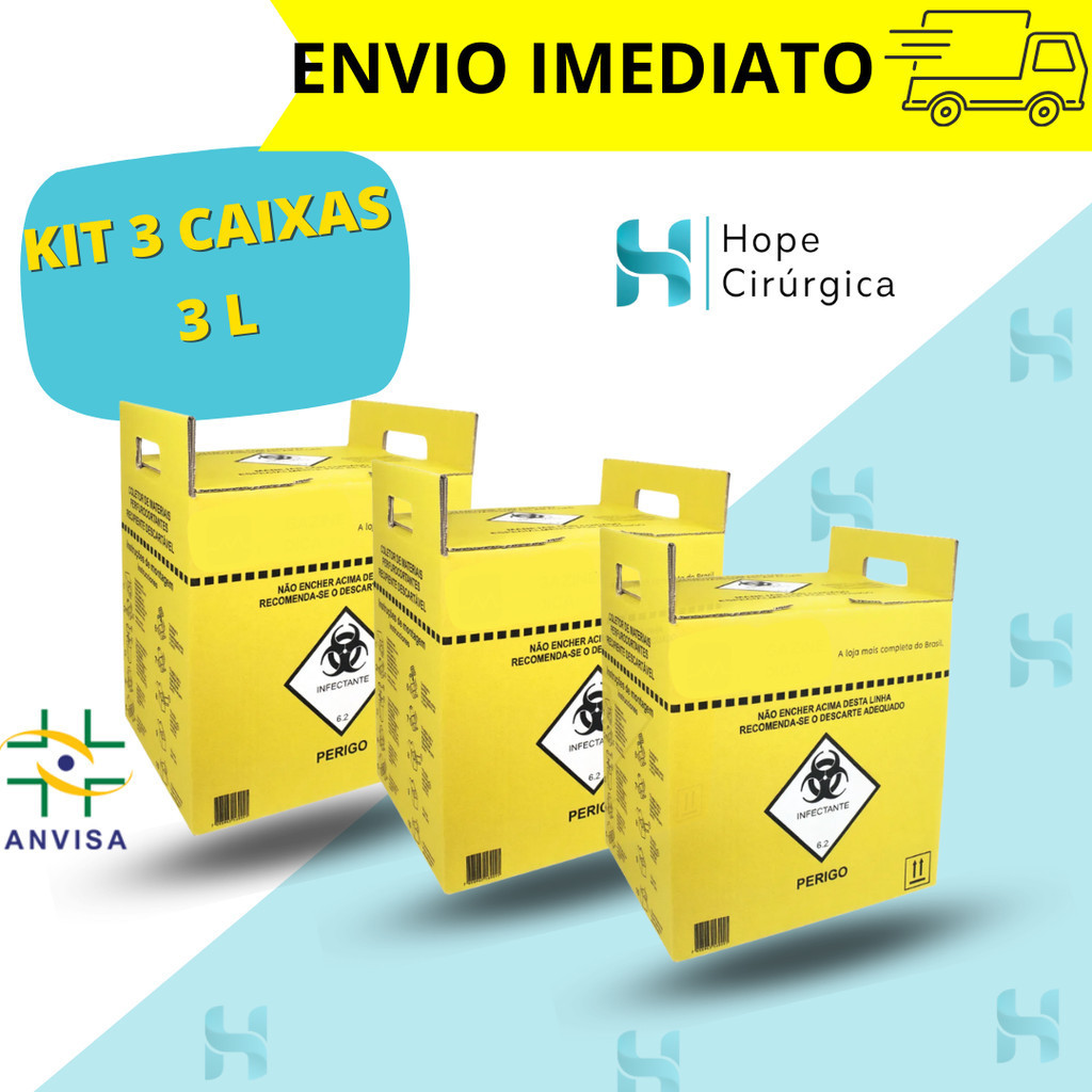 KIT 3 CAIXAS - Caixa Perfuro Cortante Coletor (03-Litros)
