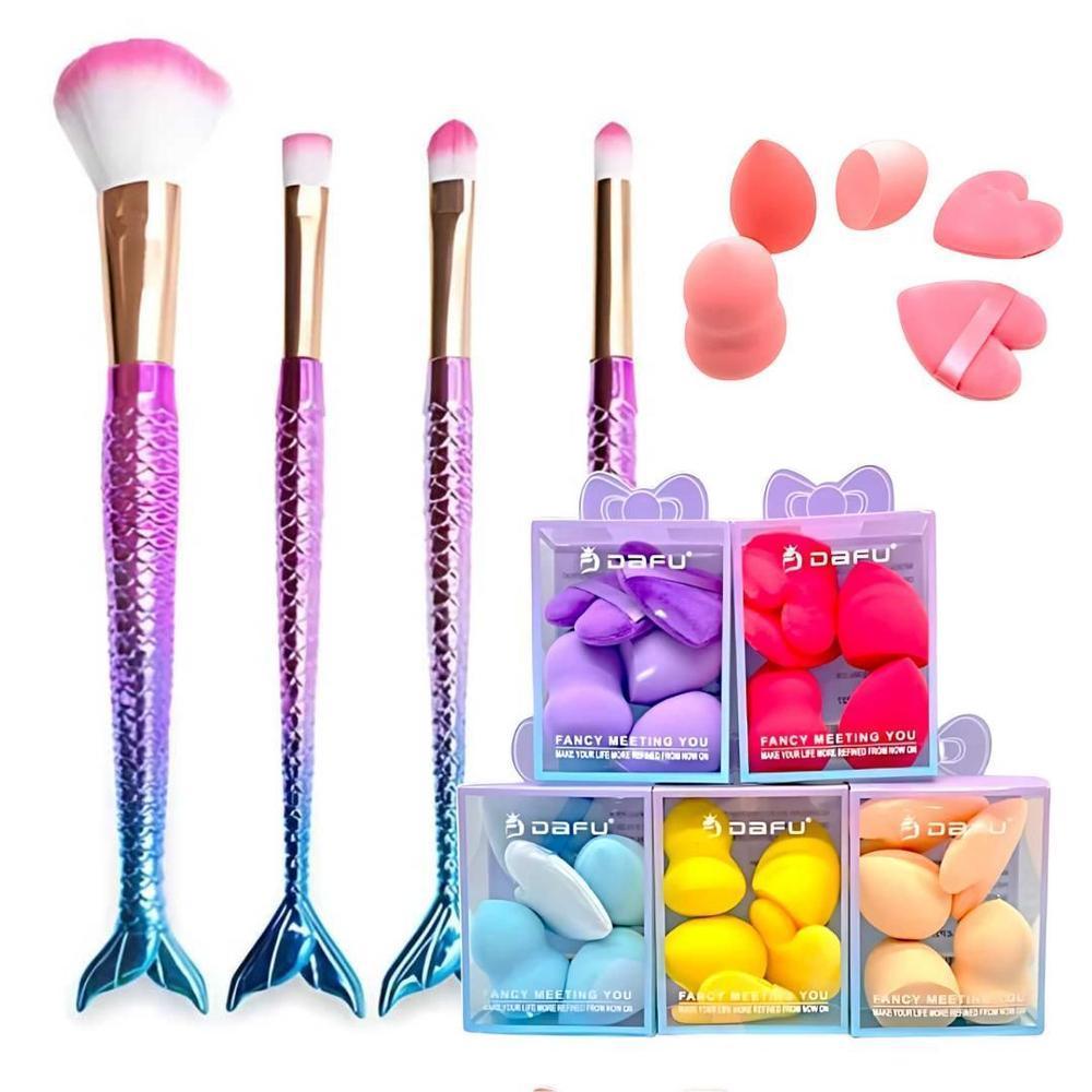 Kit 4 pincéis para maquiagem cauda de sereia + kit esponjas | uso profissional e doméstico