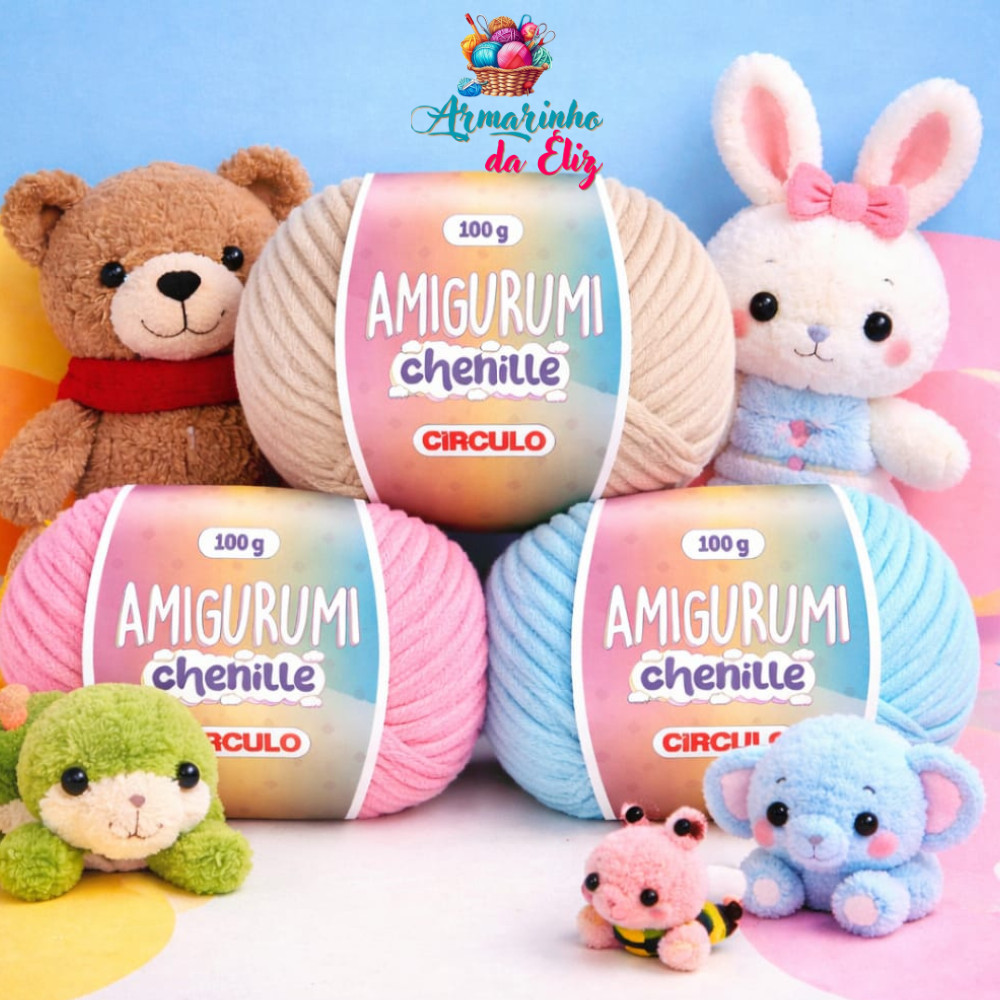 Fio Amigurumi Chenille Circulo 100g - 110m, 100% poliéster, ideal para crochê, macio e resistente.