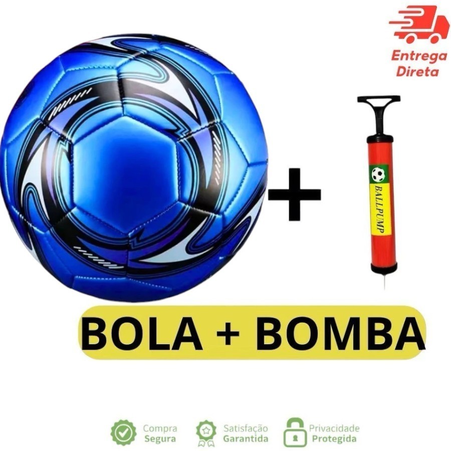 Kit Bola de Futebol Couro Sintético Campo Costurada + Bomba de Ar Manual Portátil e Pratica
