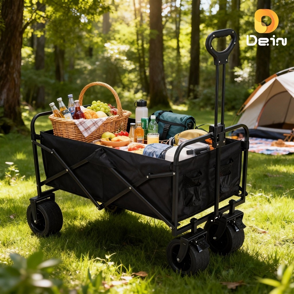 Carrinho Camping 75cm Grande Super Resistente Suporta 100kg Dobrável Rodas 360°