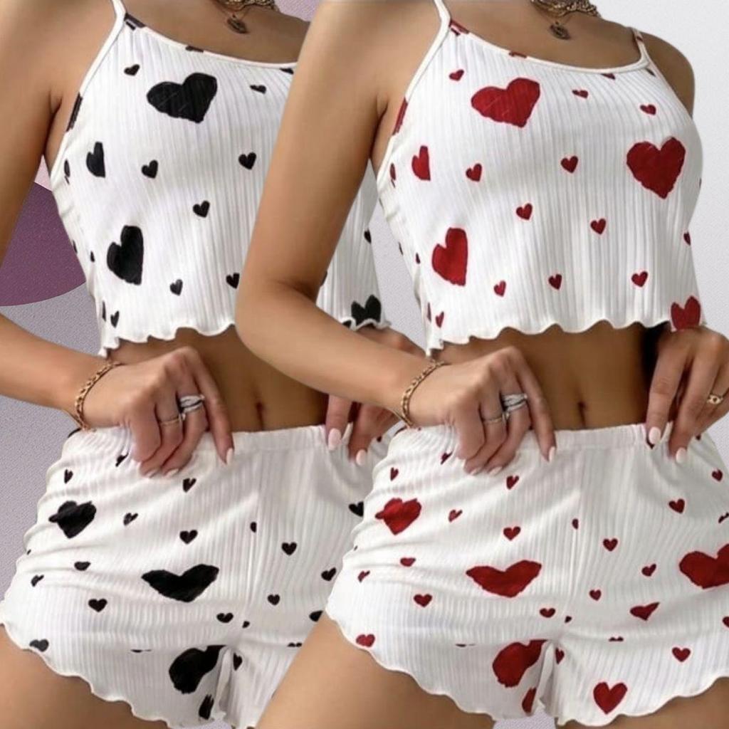 KIT 2 PIJAMA VIRGINIA CONJUNTO FEMININO CROPPED CORAÇÃO  SUEDE CANELADO TOQUE MACIO