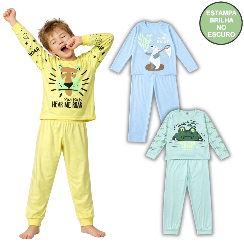 Conjunto Pijama Brilha no Escuro Manga Longa Menino Infantil Estampa Brilhante Inverno Malha Levinha