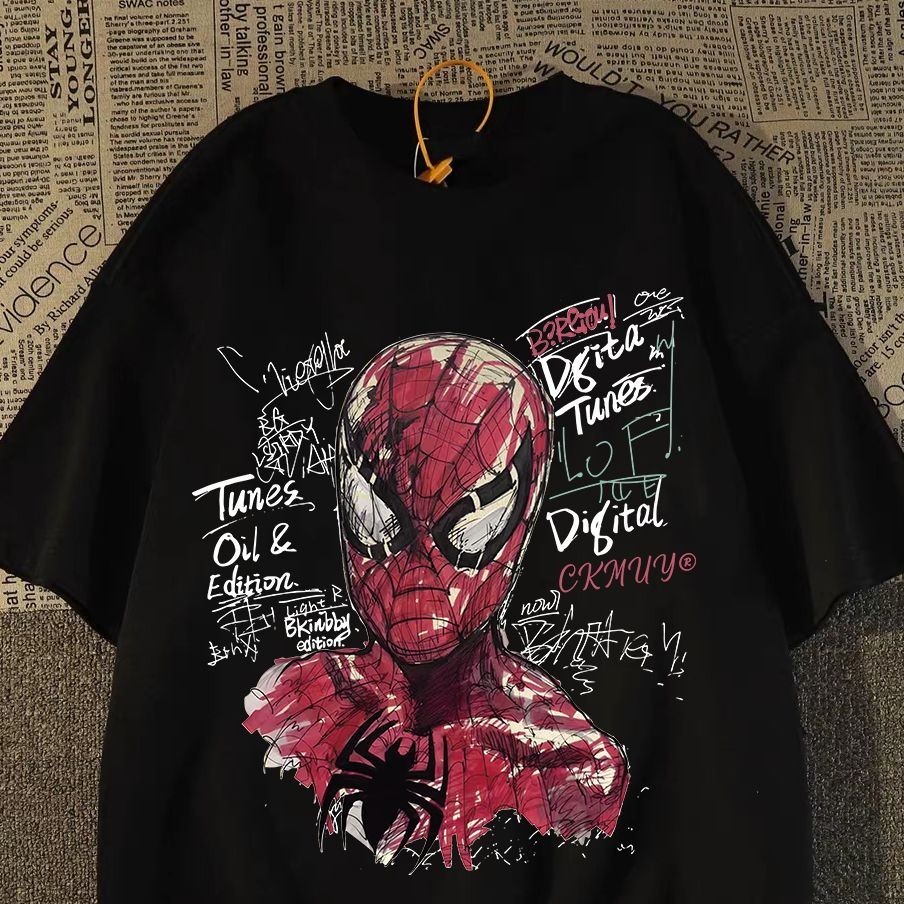 BEAST FASHION unissex oversized Camiseta Anime Aranha em Estilo Desenho Sketch e Grafites Preto Camisa