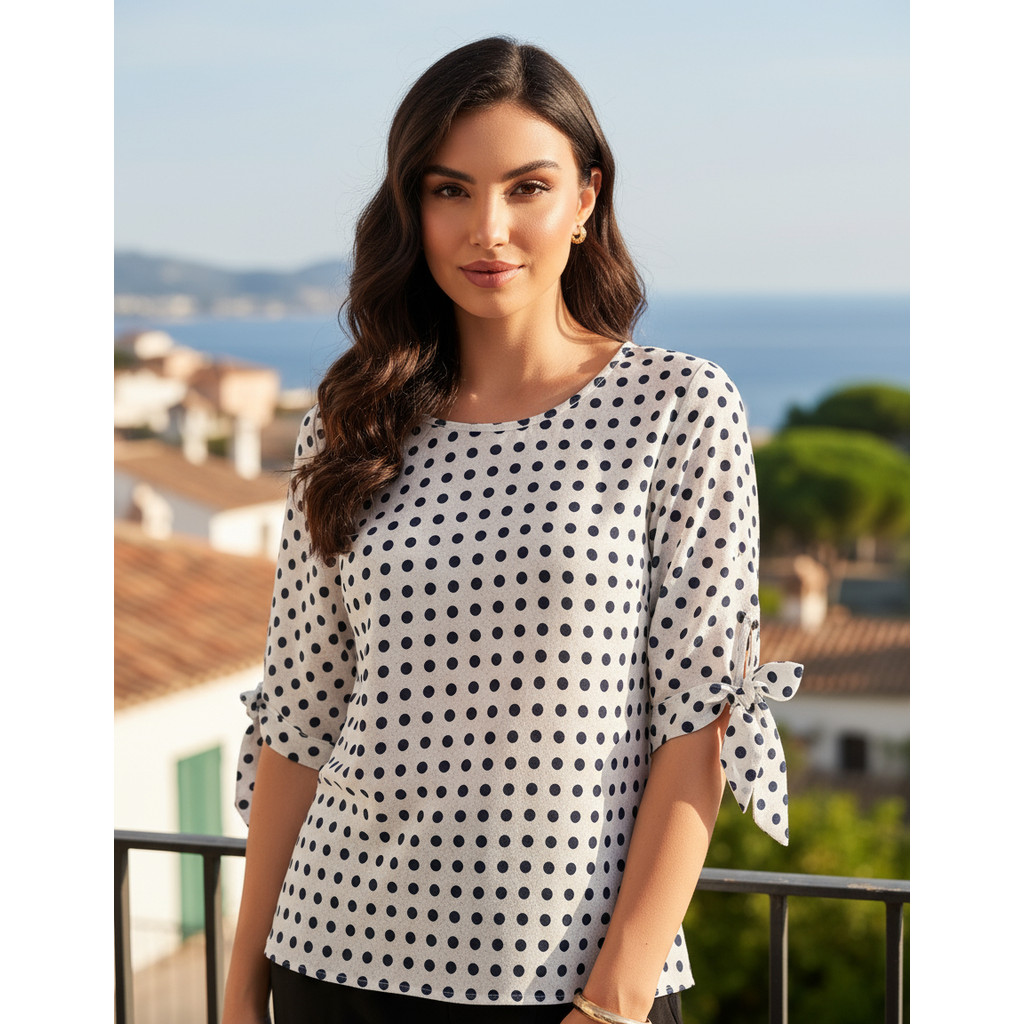 Blusa Feminina Meia Manga Estampada Poá Elegante Casual Chic