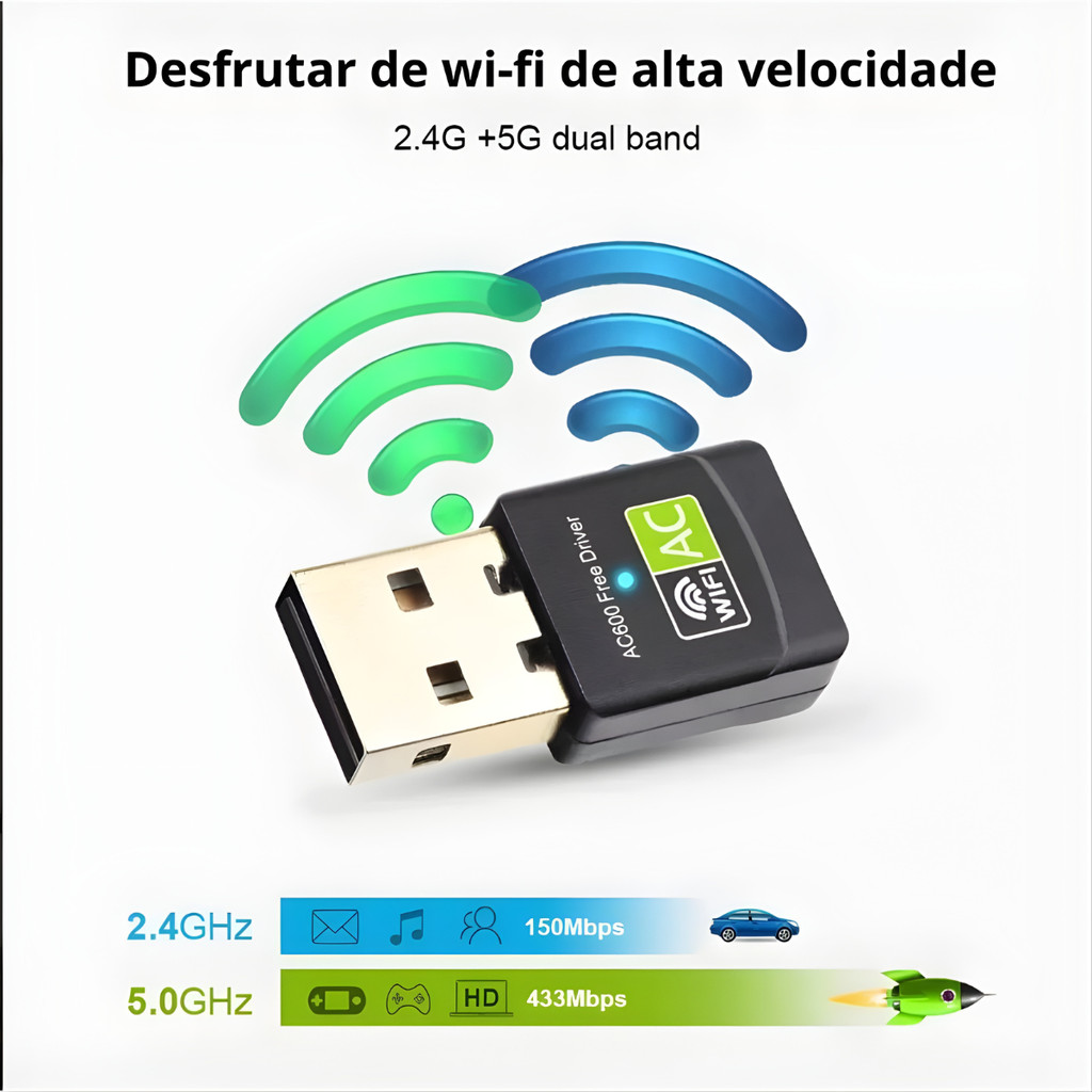 Adaptador Wifi Dual Band 2.4 / 5ghz Plug in Play 600mbps Wireless 5G Ac Alta Velocidade em seu aparelho