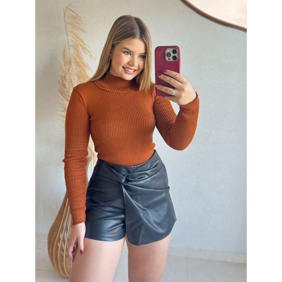 Blusa Cacharrel Tricot Gola Alta Feminina Básica Canelada Moda Frio Segunda Pele