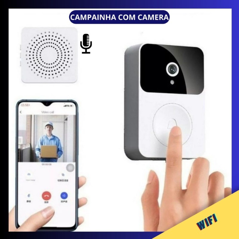 Campainha Com Câmera Vídeo Porteiro Sem Fio Wi-Fi HD Inteligente Smart Home Vê Pelo Celular