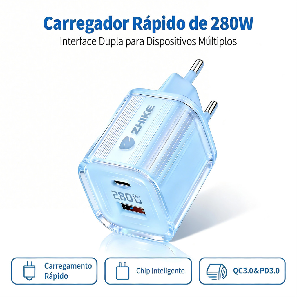 Adaptador Cristal 280W 6A - 8 Portas USB Tipo C V8 Compatível com iP Android Micro USB Carregador