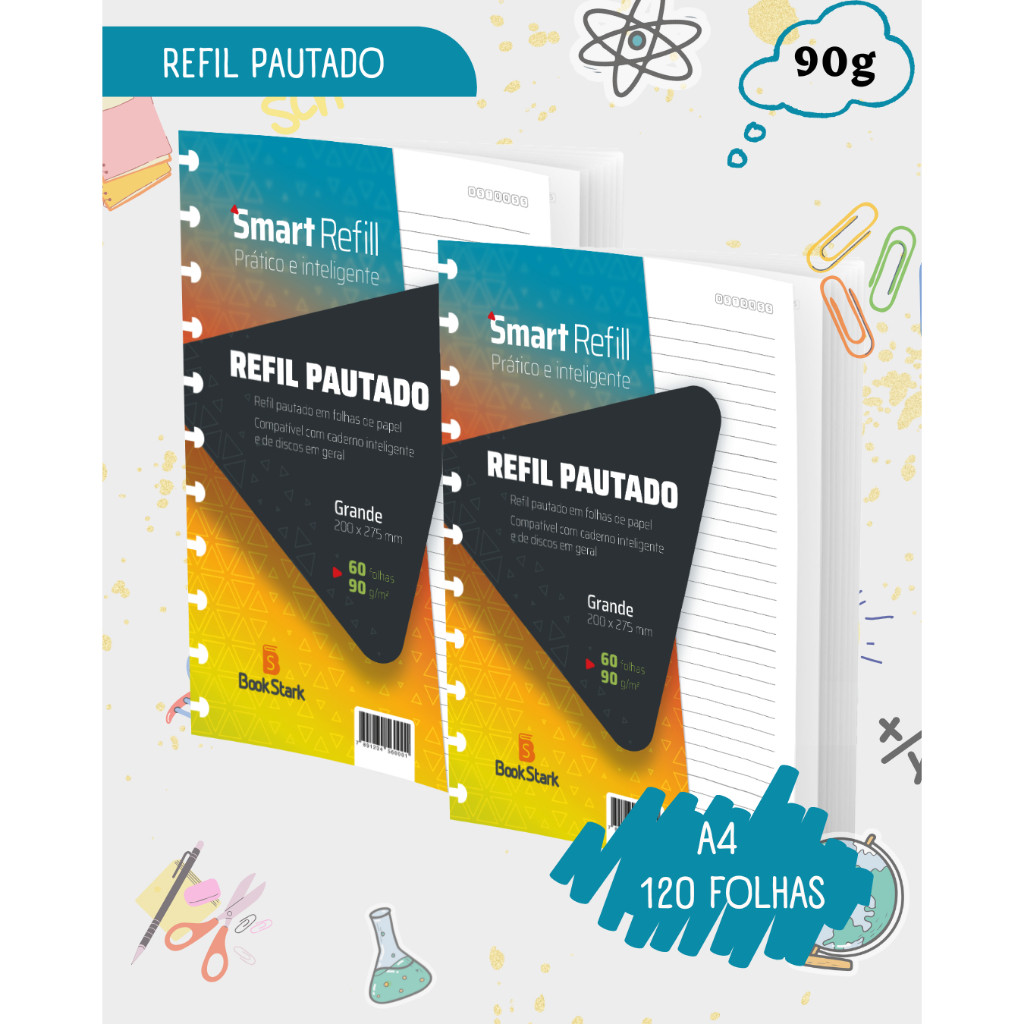Kit 2 Refil Pautado Para Caderno Inteligente 11 Discos 200X275mm- 120 Folhas Grandes