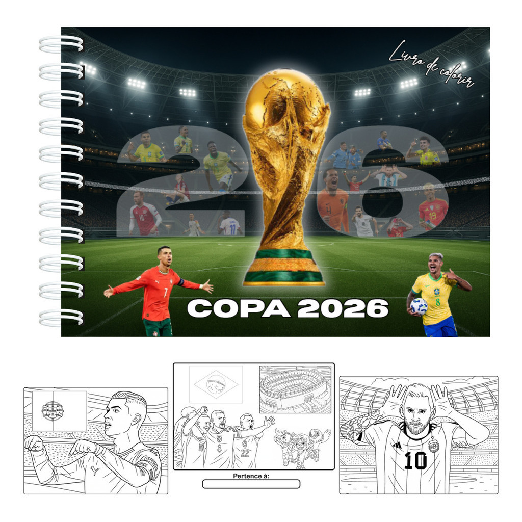 Livro De Colorir Copa Do Mundo 2026 Futebol Capa Dura 53 Páginas 180g A5 Laminação Brilhosa Ou Fosca Com Acetato Brasil