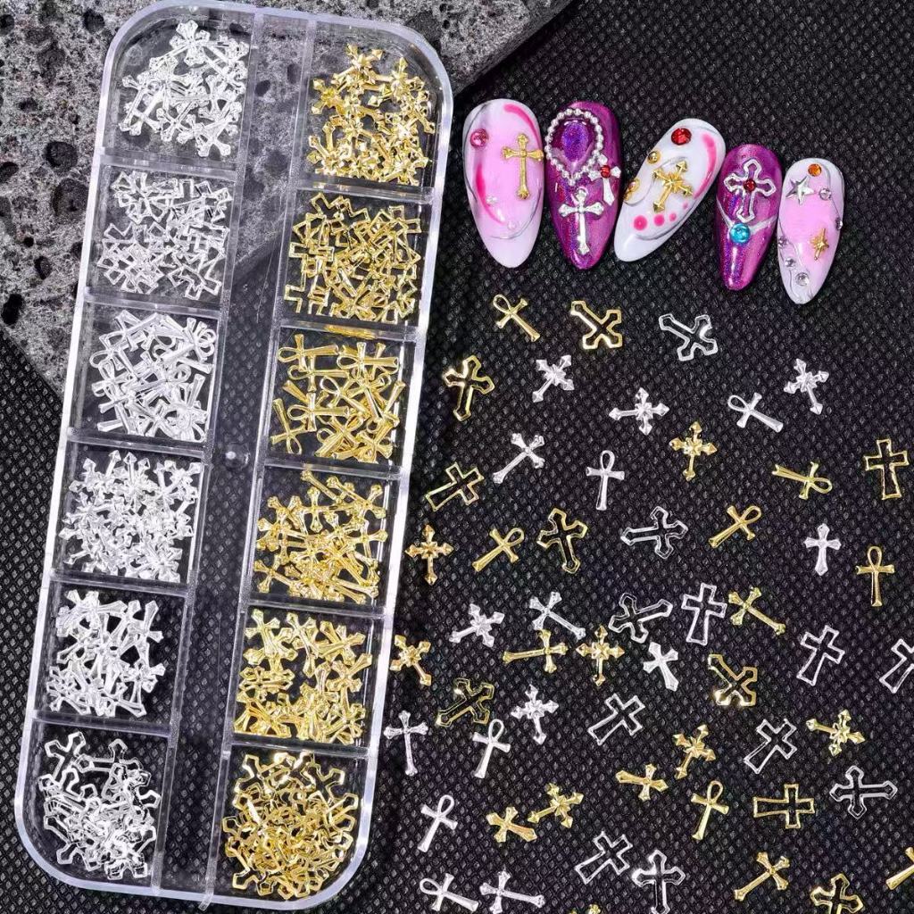 Kit Acessórios Unhas 3D Dourado Prata Estilo Punk Vintage Cruz Metálica Caixa Completa para Arte de Unhas