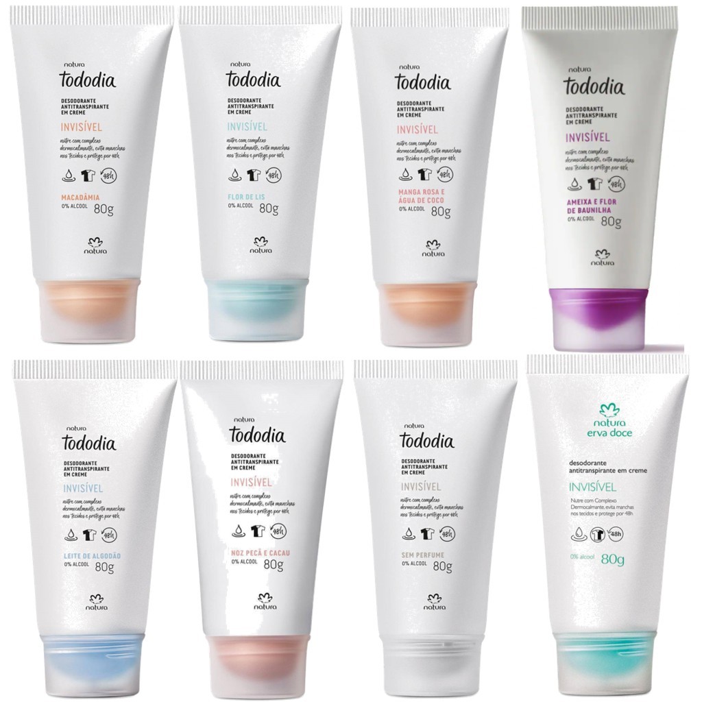 Desodorante Antitranspirante Invisível em Creme Tododia Natura - 80g - Macadâmia, Algodão, Cereja, Baunilha, Cacau.