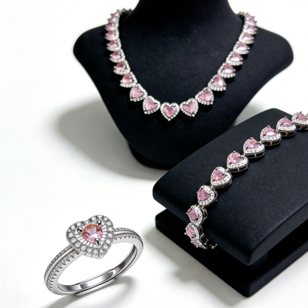 Conjunto de Joias 3 Peças Coração Rosa Zircônia Brilhante , Colar + Pulseira + Anel Banhado a Prata