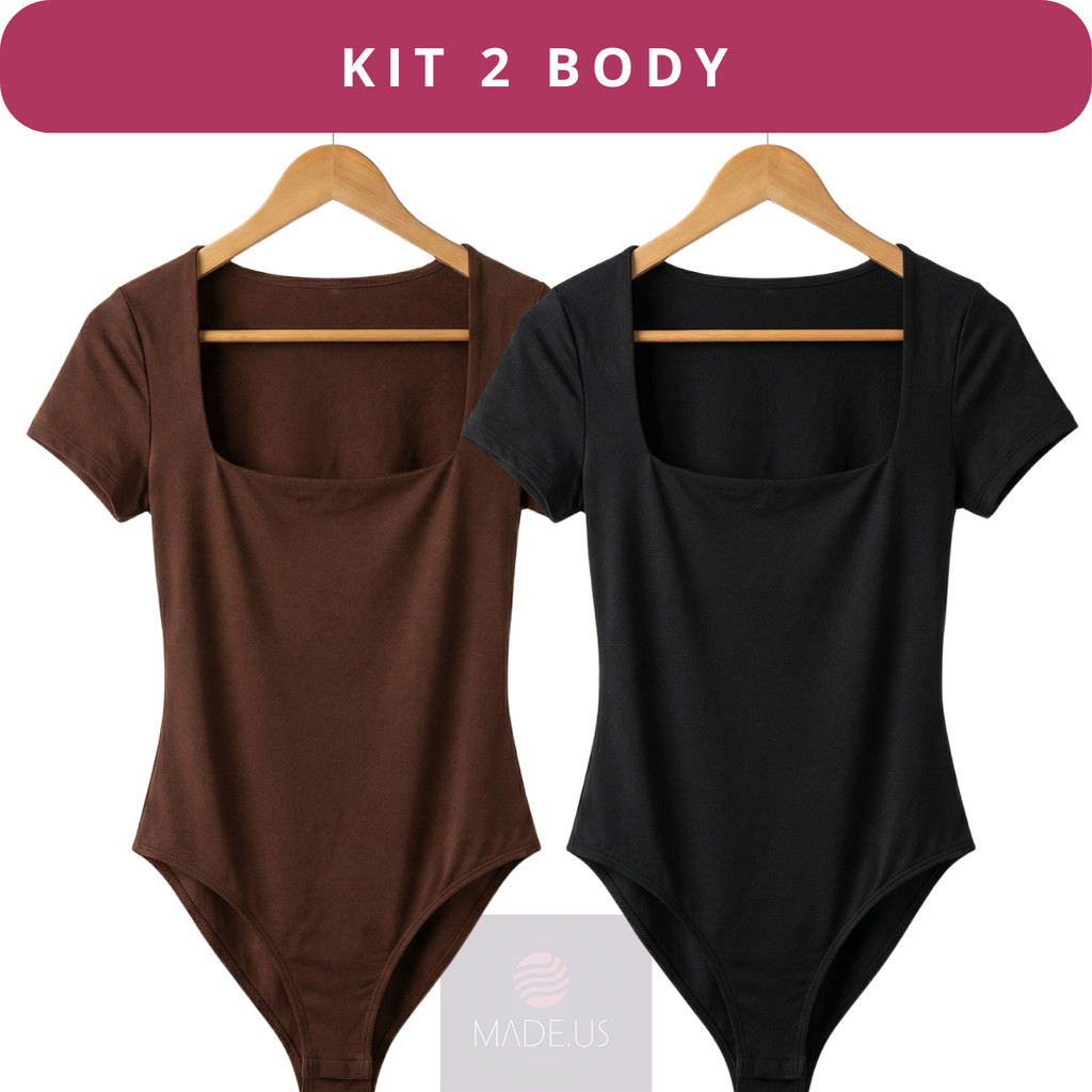 Kit 2 Bory Manga Curta Body Decote Quadrado Feminino Liso Suplex Basico