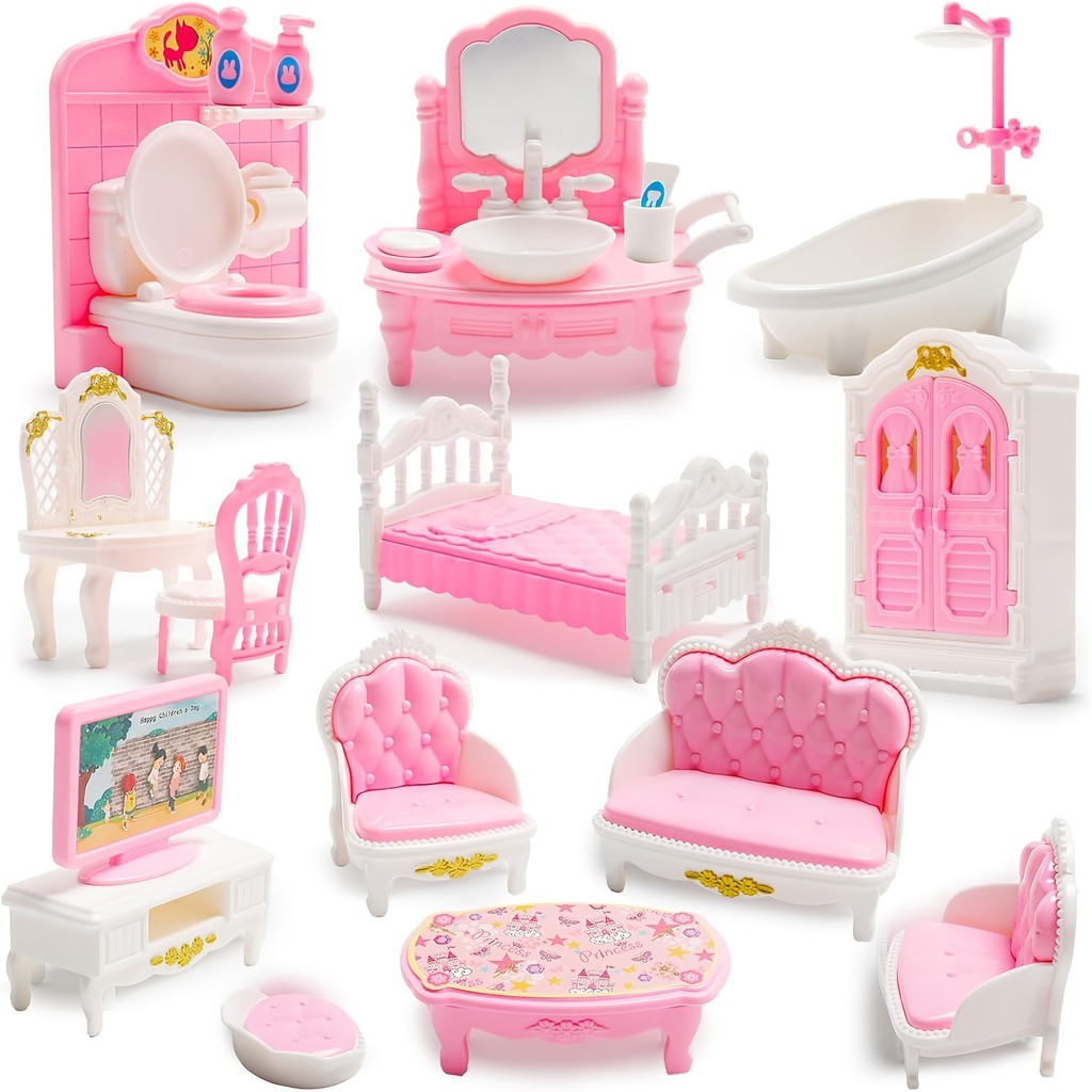 Conjunto De Móveis Rosa Em Miniatura Para Casas De Bonecas-Escala 1 : 12 , Banheiro , Sala De Estar E Quarto , Acessório