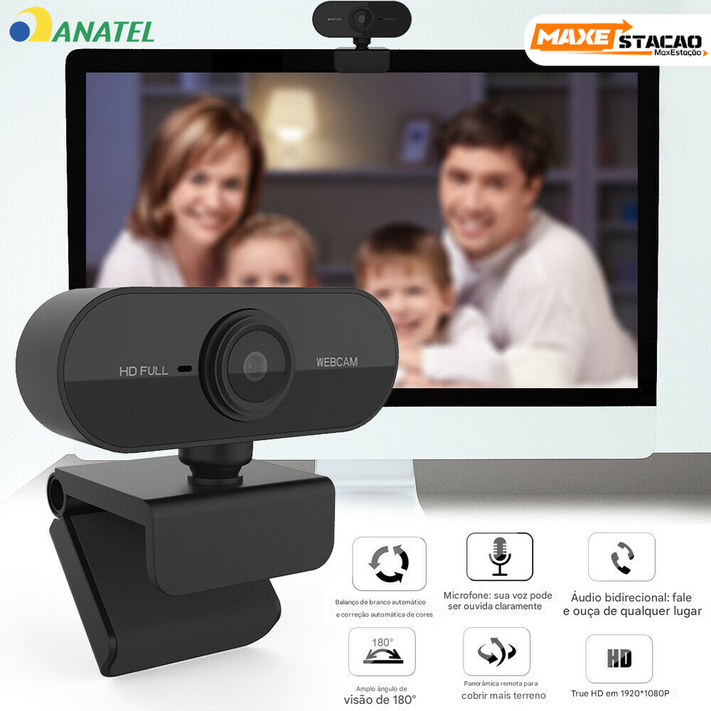 Webcam HD 1080p Microfone 360° Giratória Ajuste Livre para PC Notebook Home Office