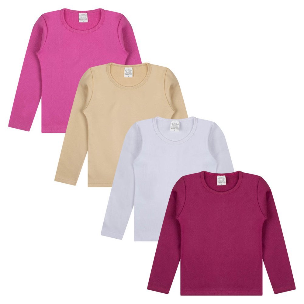 Kit 4 Peças Blusa Manga Longa Infantil Menina Ribana Canelada / Cotton Liso Confortável Alemara