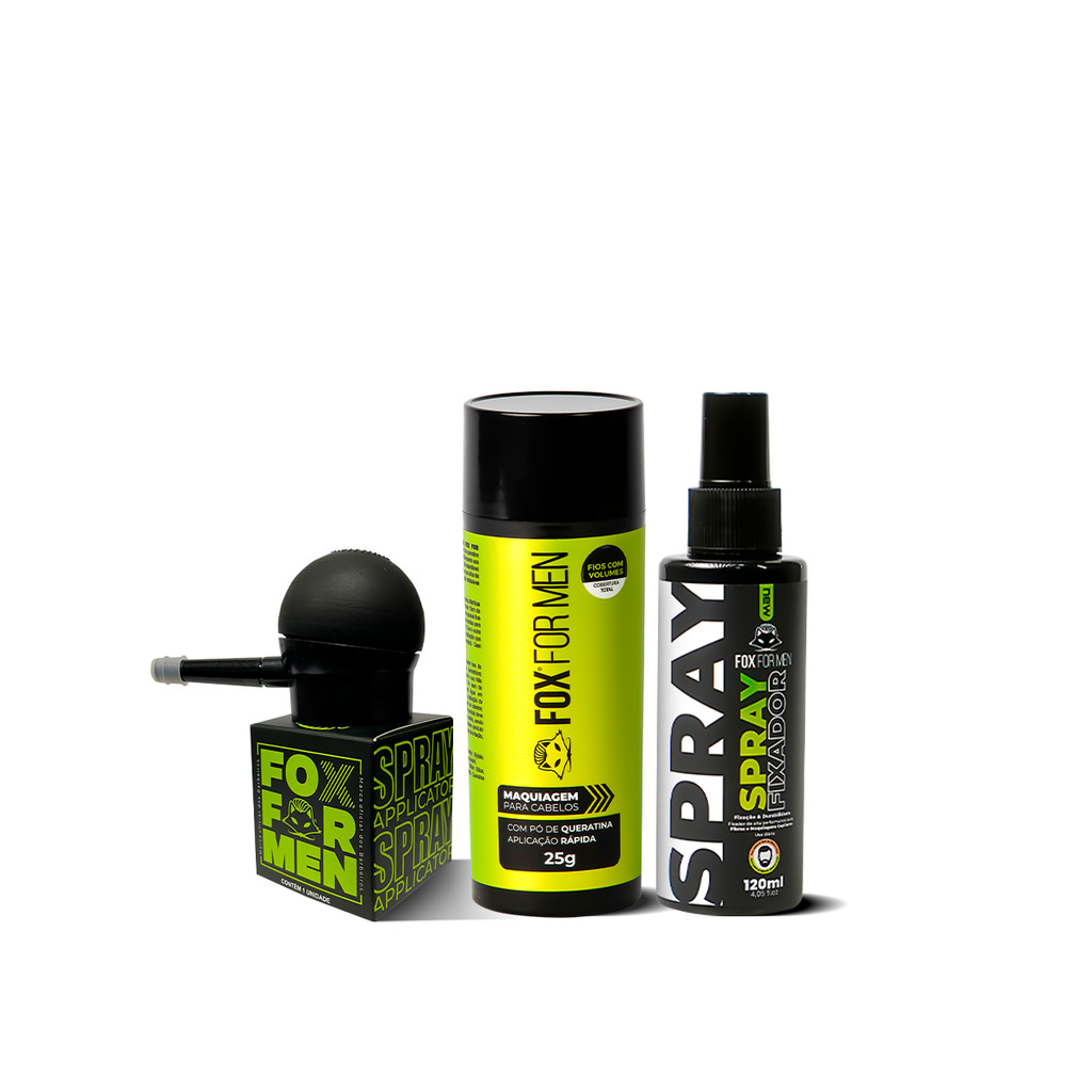 FIBRA CAPILAR PRETA + SPRAY FIXADOR RESISTENTE A ÁGUA + APLICADOR FOX FOR MEN