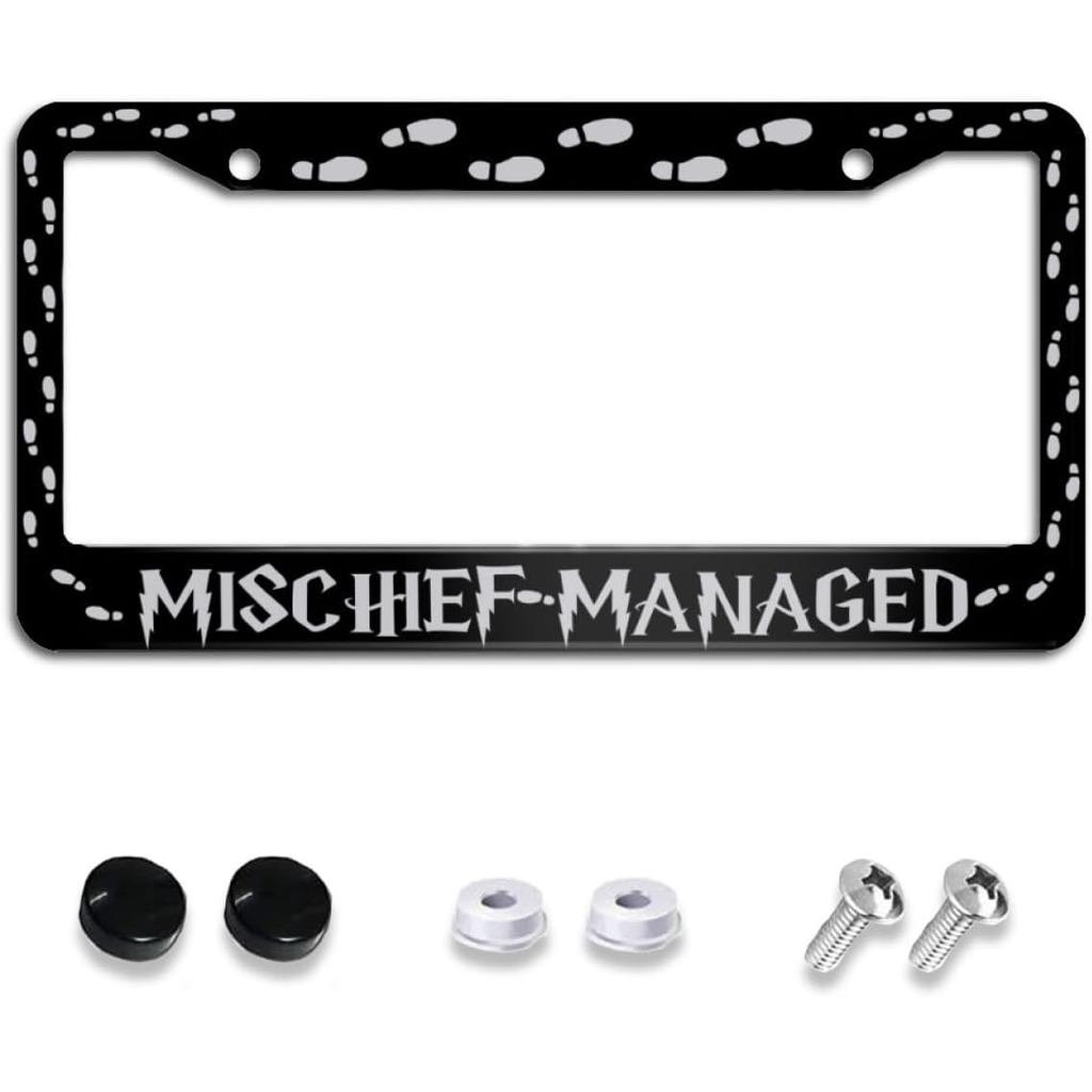 Mischief Managed License Plate Holder Novelty Decoration Car Tags Aluminum Metal License Plate Covers for Men and Women