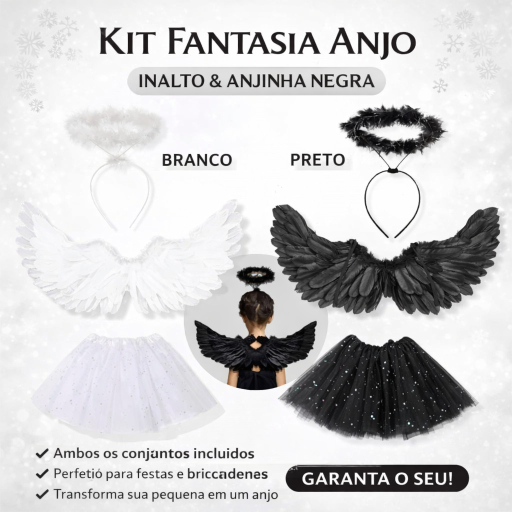 Asa Kit Anjo Negro Pena Fantasia Carnaval Halloween Cosplay 60cm 80cm Tiara Saia Tule Tutu