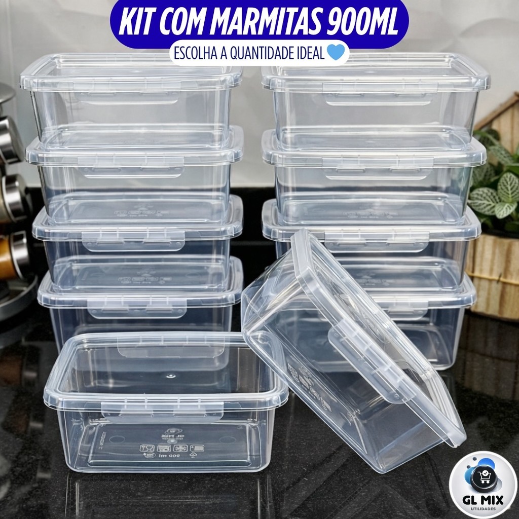 Kit Marmitas Fitness 900ml com Travas Laterais -> Plástico Reutilizáveis, Alimentos e Organizadoras.