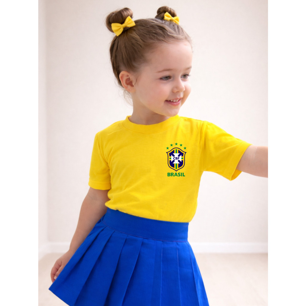Camiseta Infantil Algodão Estampa Brasil Copa do Mundo Menina Princesa Look Brasileiro