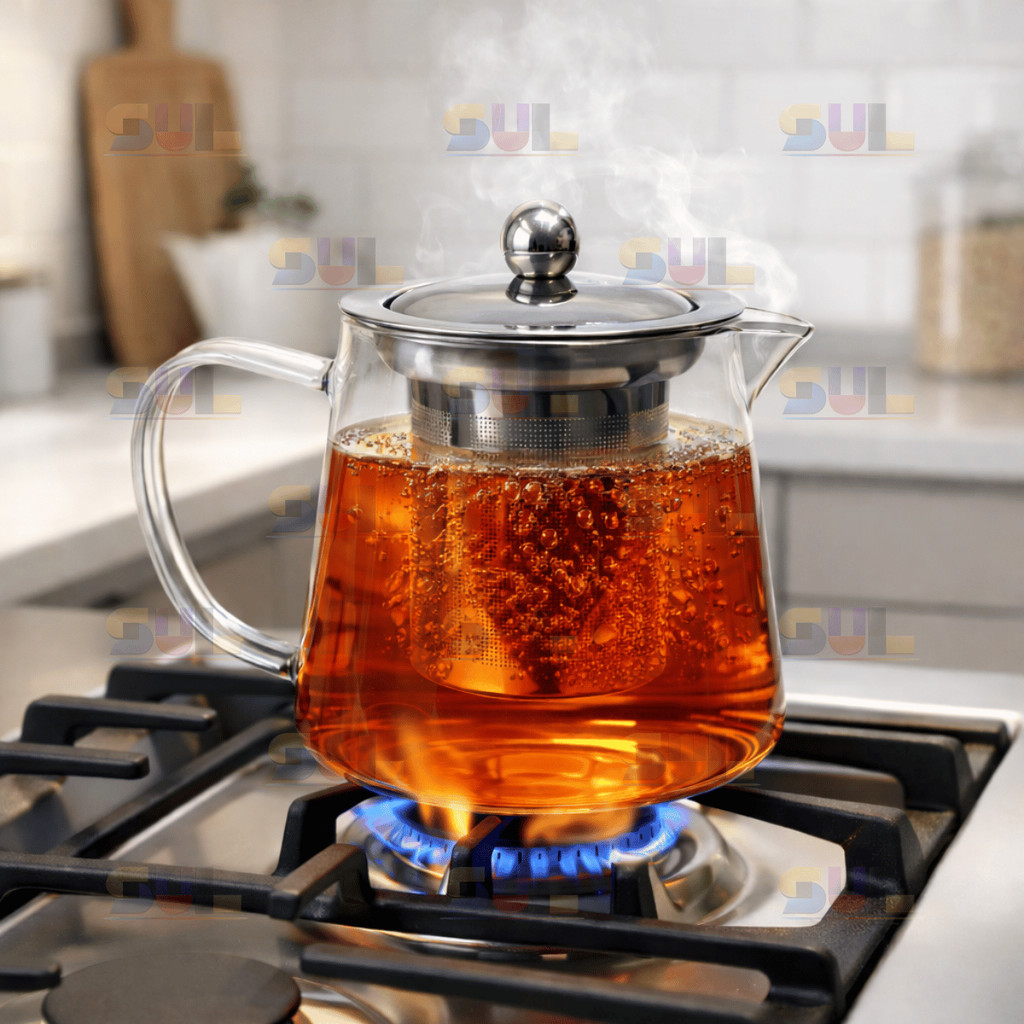 Chaleira de Vidro Borossilicato RETA com Infusor e Tampa em Aço Inox Vai ao Fogo Café