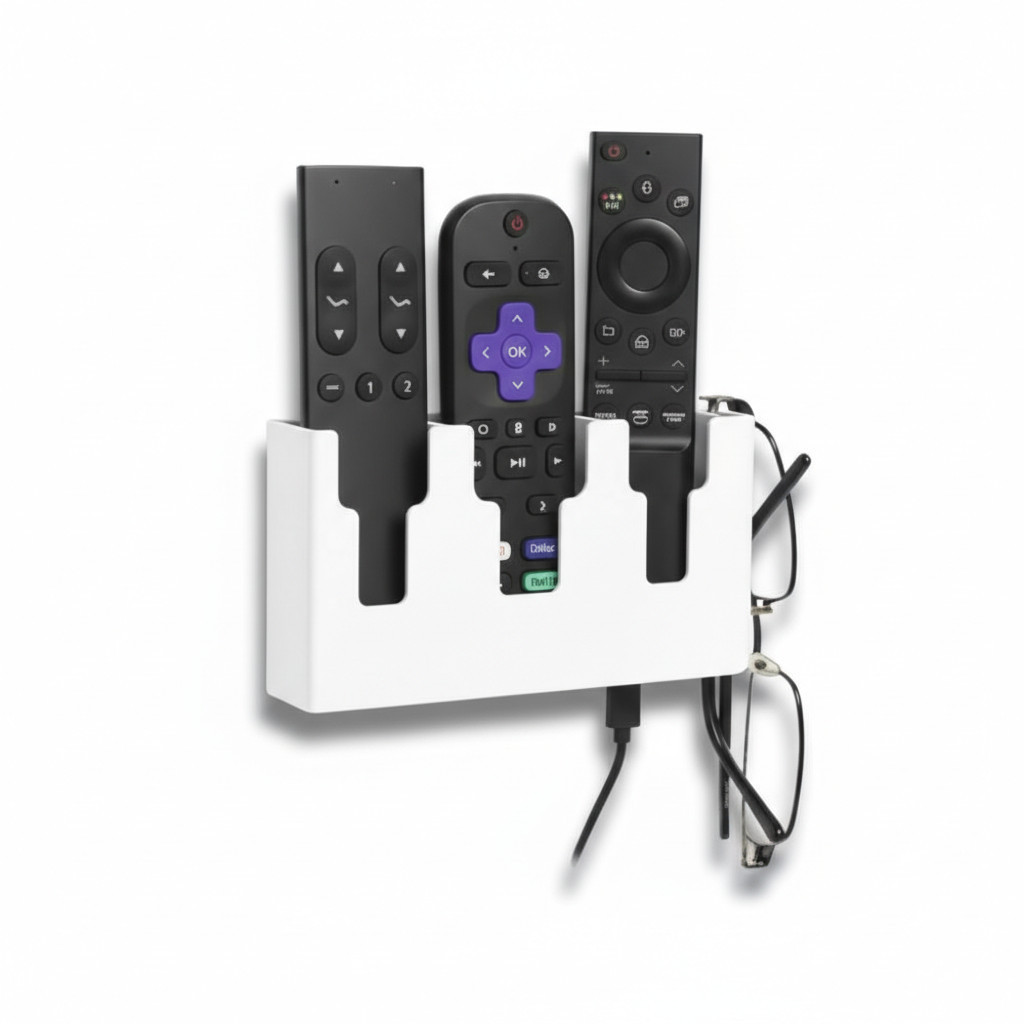 Suporte Controle Remoto Parede 3 Lugares Preto/Branco Fita 3M ou Parafuso