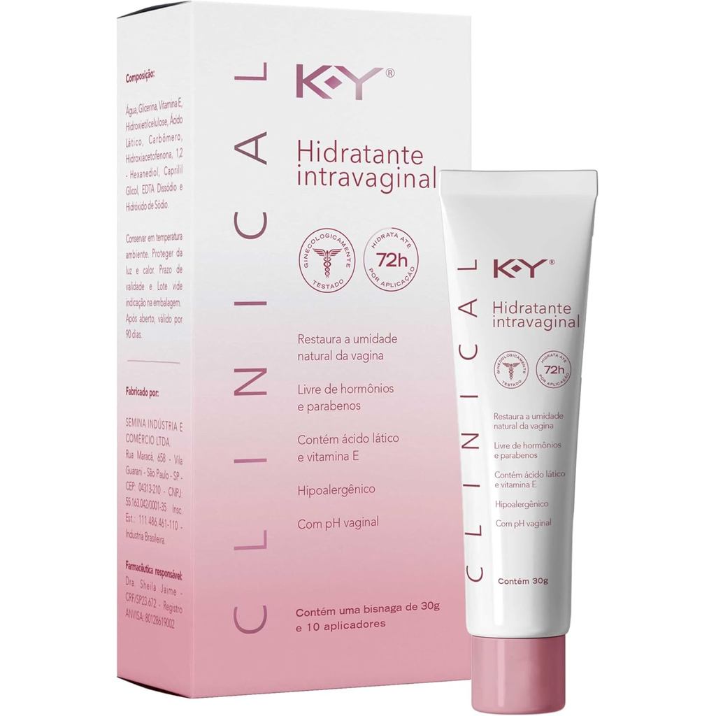 KY Clinical Hidratante Intravaginal 30g – Gel com Ácido Lático e Vitamina E c/ 10 Aplicadores Descartáveis, Hidratação N