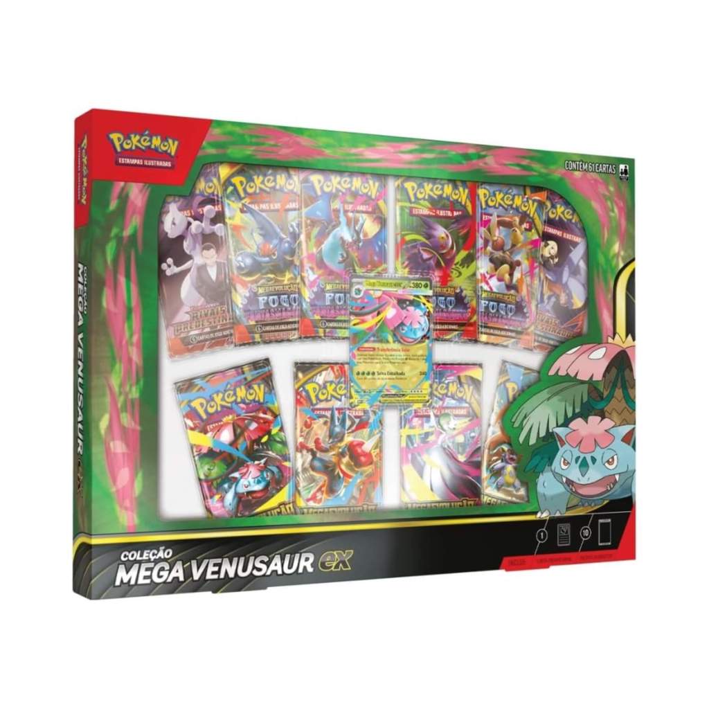 Box Pokemon Coleção Mega Venusaur EX Copag 35877 Cartas TCG Geek Colecionável Presente