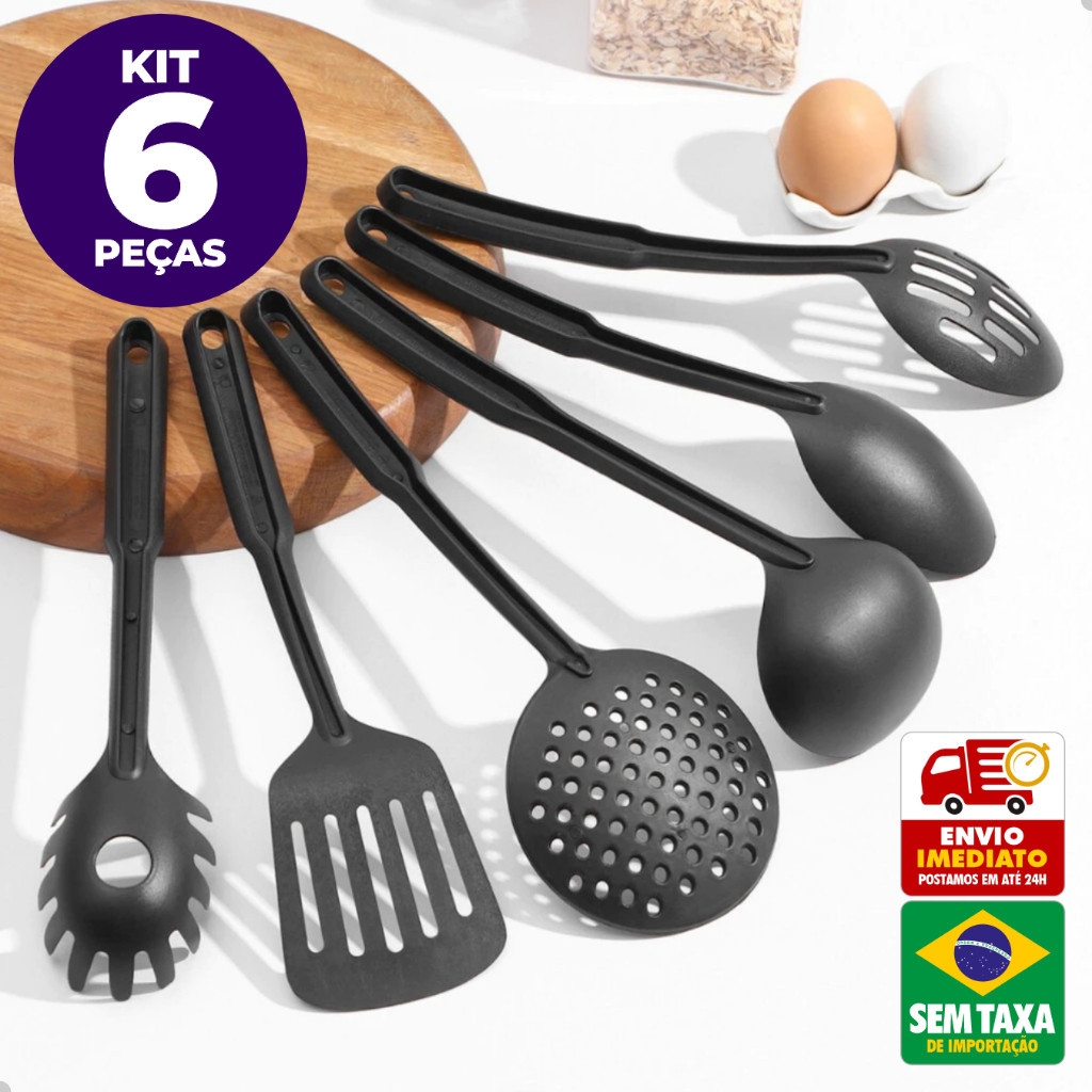 Kit 6 Utensílios de Cozinha Talheres Nylon Preto Resistentes Colher Concha Espátula