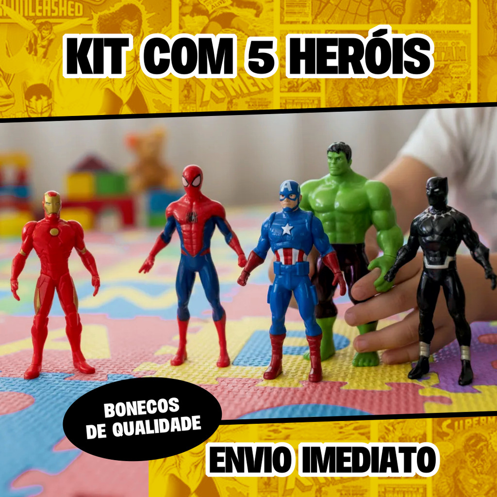 Kit 5 Bonecos Marvel Miniatura Super Heróis Brinquedos Hulk Capitão América Pantera Negra Homem De Ferro - Homem Aranha