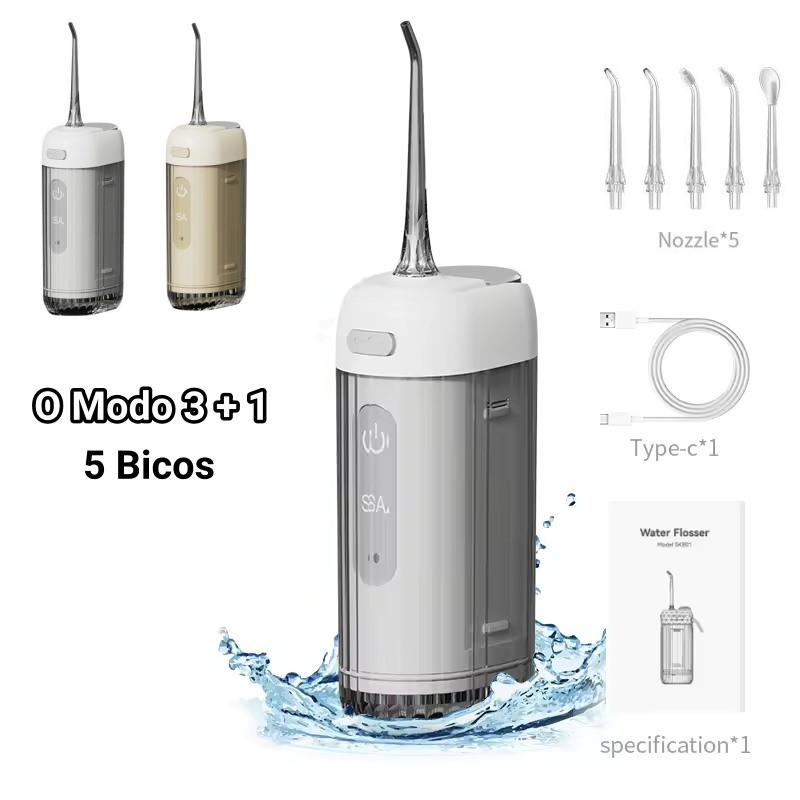 Irrigador Oral Profissional Portátil 200ml Limpeza Dental 4 Modos IPX7 Com 5 Bicos USB-C