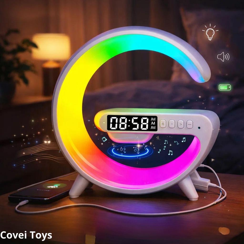 Luminária Despertador Inteligente LED Bluetooth Relógio Digital Nascer do Sol Carregamento Sem Fio