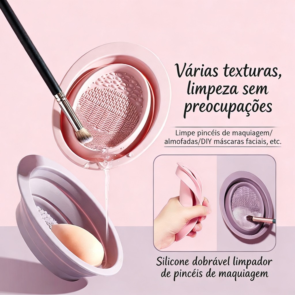 Tigela de Silicone para Limpeza de Pincel de Maquiagem Dobrável, Esponja de Pó, Ferramenta de Limpeza de Ovo de Beleza,