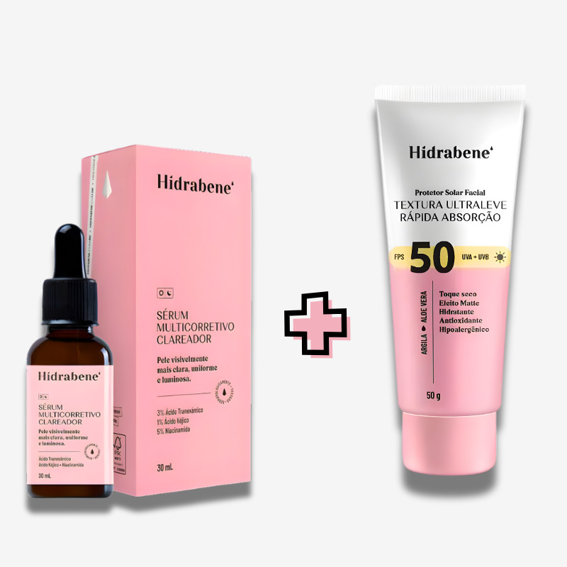 Kit Hidrabene Original: Sérum Multicorretivo Clareador + Protetor Facial FPS 50 - Duo Skincare Antimanchas