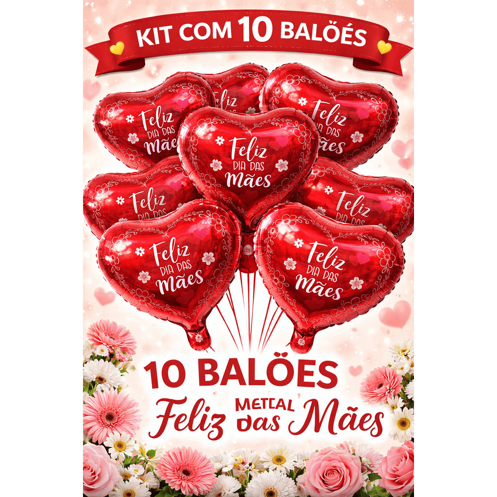 Kit 10 Balões Metalizados Coração Vermelho "Feliz Dia das Mães" Decoração Festa Surpresa Romântica 30cm