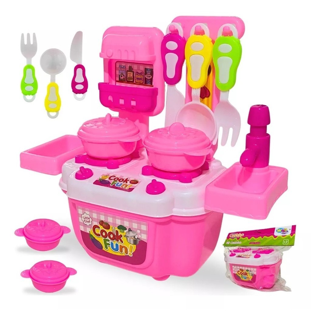 Cozinha Infantil Na Maleta Portátil Com 14 Peças Brinquedo Menina Completo Mini Chef Educativo