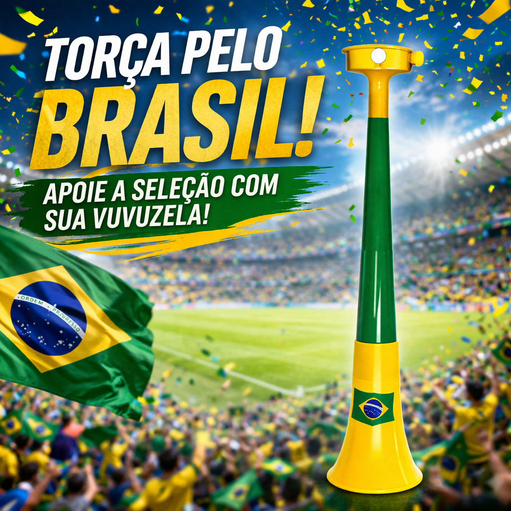 Corneta Vuvuzela Retrátil Brasil | Buzina Torcida Copa do Mundo Futebol