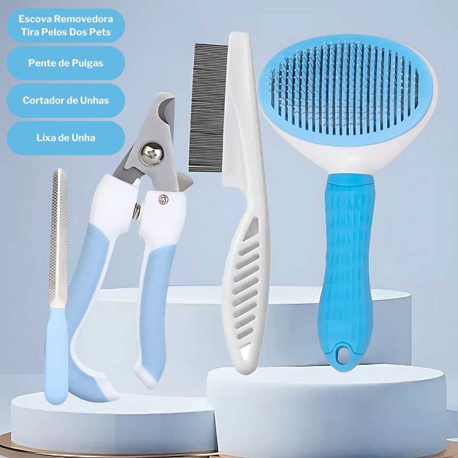 Kit Higiene Pet 4 em 1: Escova Removedora de Pelos + Pente Anti-Pulgas + Cortador e Lixa de Unhas