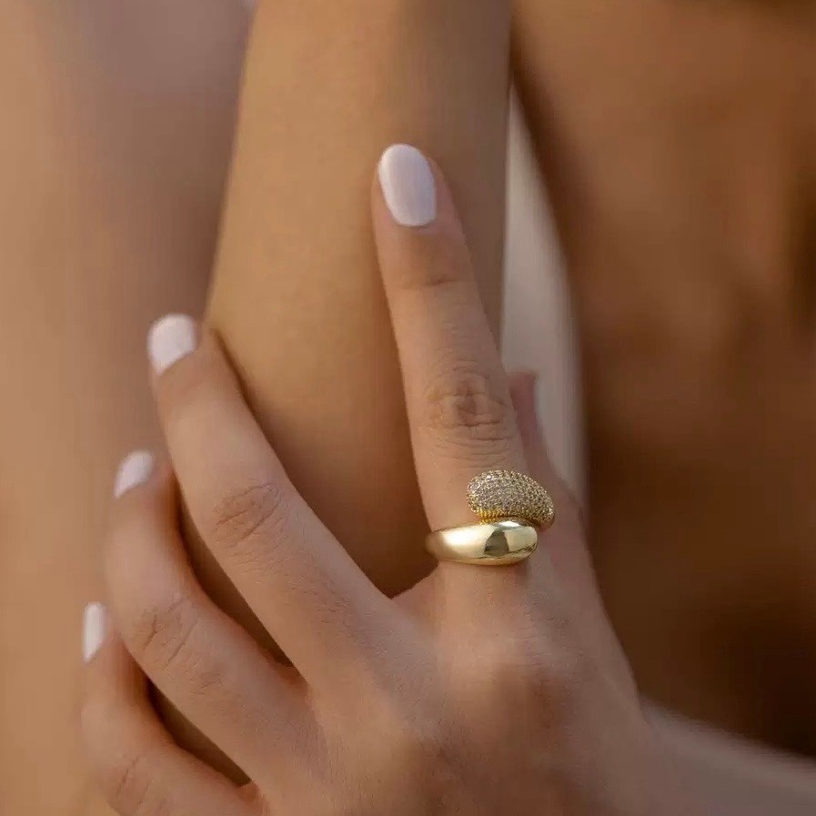 Anel Regulável Feminino Cravejado Zircônia 2 Gotas Ajustável Luxo Delicado Tendência