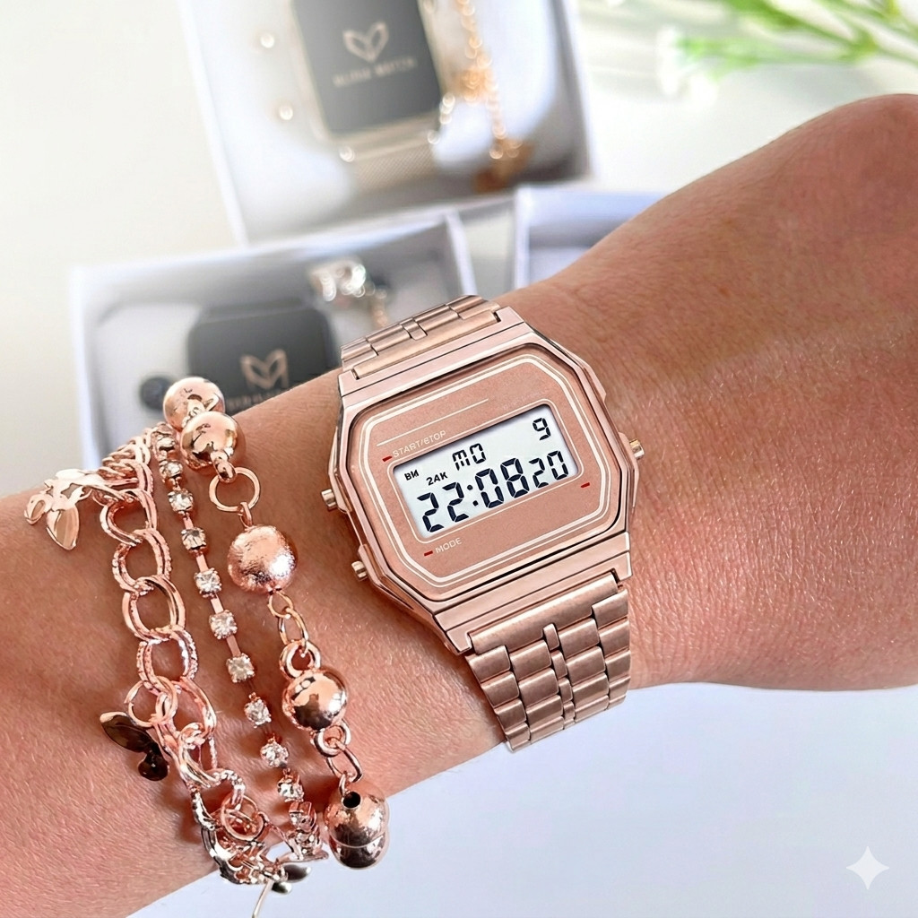 Kit Relógio Digital Feminino Led Retrô Vintage Metal Quadrado + Pulseira Elegante Conjunto Luxo