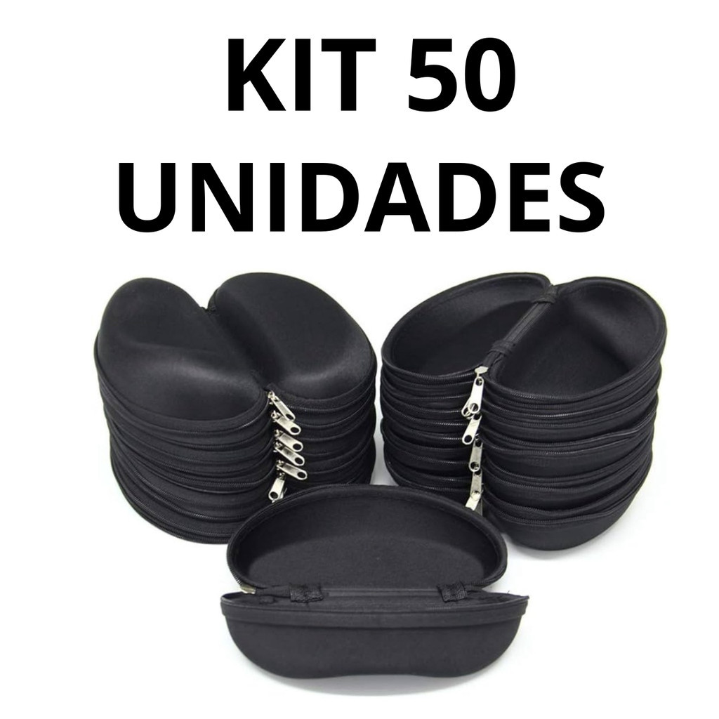 Kit 50 Estojo Para Óculos Case Caixas De Zíper + 50 Flanelas Para Óculos Cor Preta Atacado Case Oval.