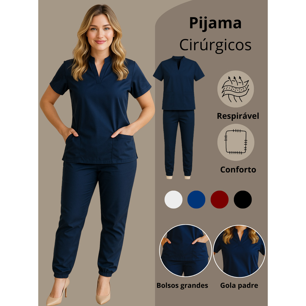 Conjunto Hospitalar Pijama Cirúrgico Uniforme Roupa Privativa Feminino Calça Jogger Scrub Gola Padre Tecido Gabardine