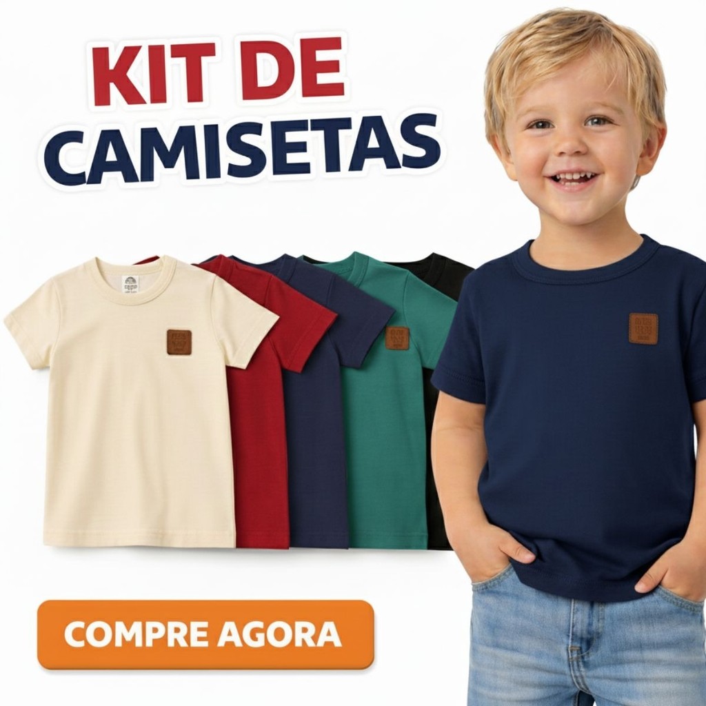 KIT 2 À 5 CAMISETAS INFANTIL MENINO LISA BÁSICA MANGA CURTA 100% ALGODÃO VERSÁTIL