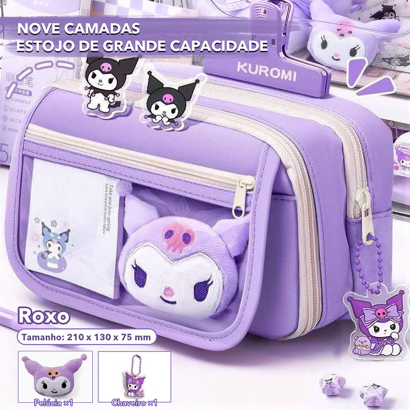 【Pronta Entrega】 Estojo Kuromi 9 Camadas Grande Capacidade Kit 5 Peças Papelaria Escolar Kawaii
