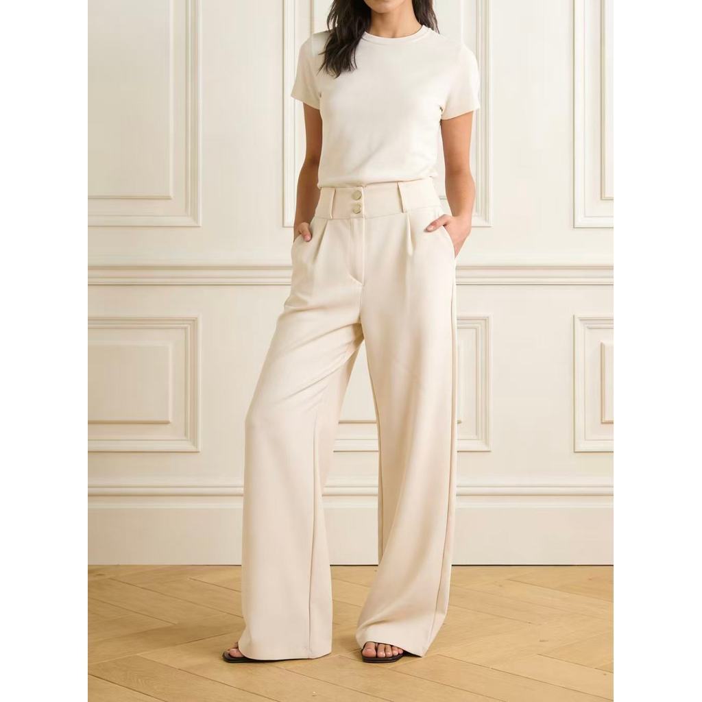 Calça De Perna Larga Feminina Cintura Alta Fluidas Estilo Casual C001-Calça VT