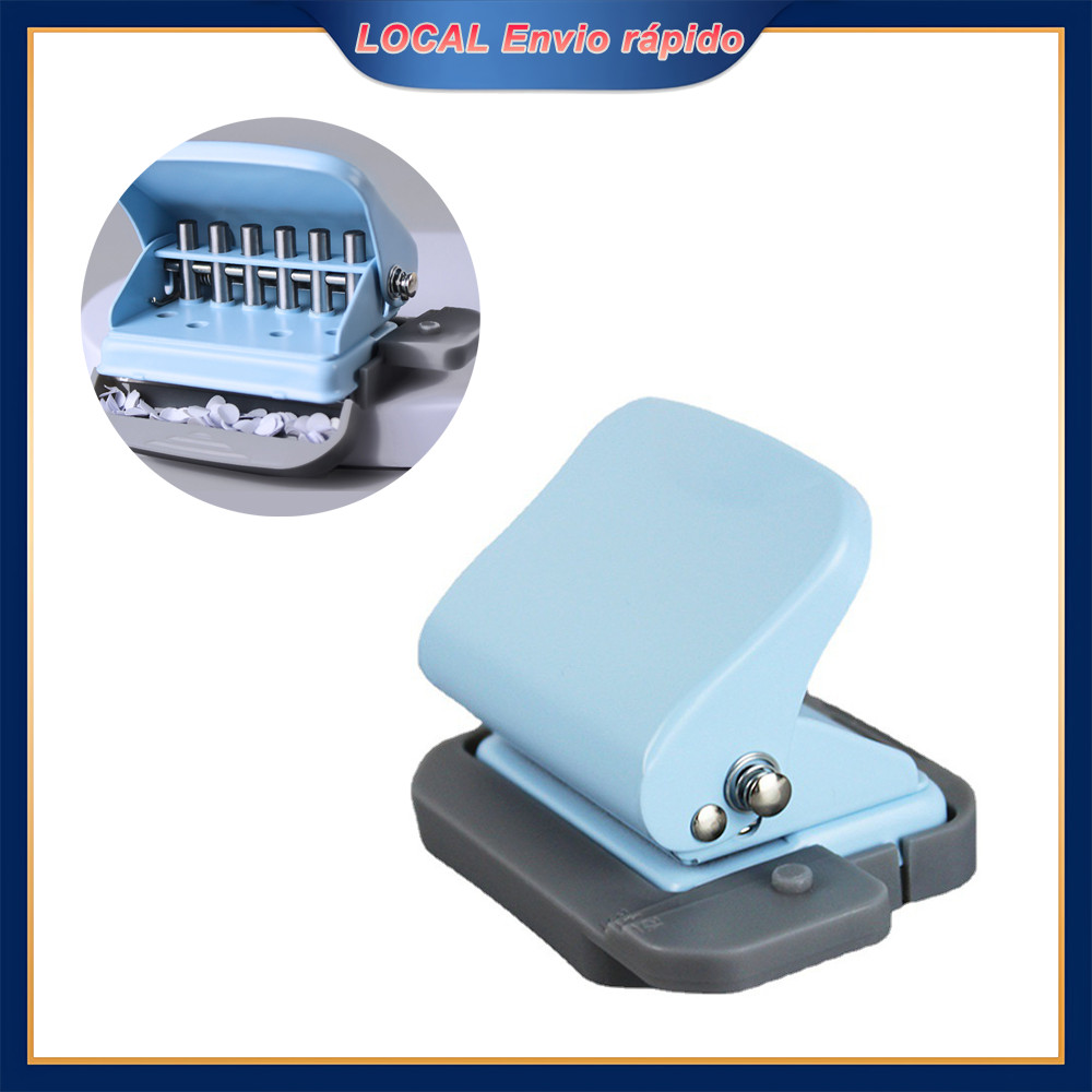 Furador de 6 Furos Portátil Azul 9x6,5x6cm - Perfuradora para Encadernação, 5 Folhas por Vez, Posicionamento Fácil
